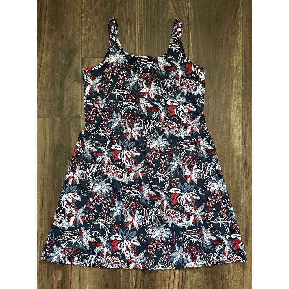 Columbia PFG Sleeveless Tank Dress Navy Red White Palm Print Casual Athleisure